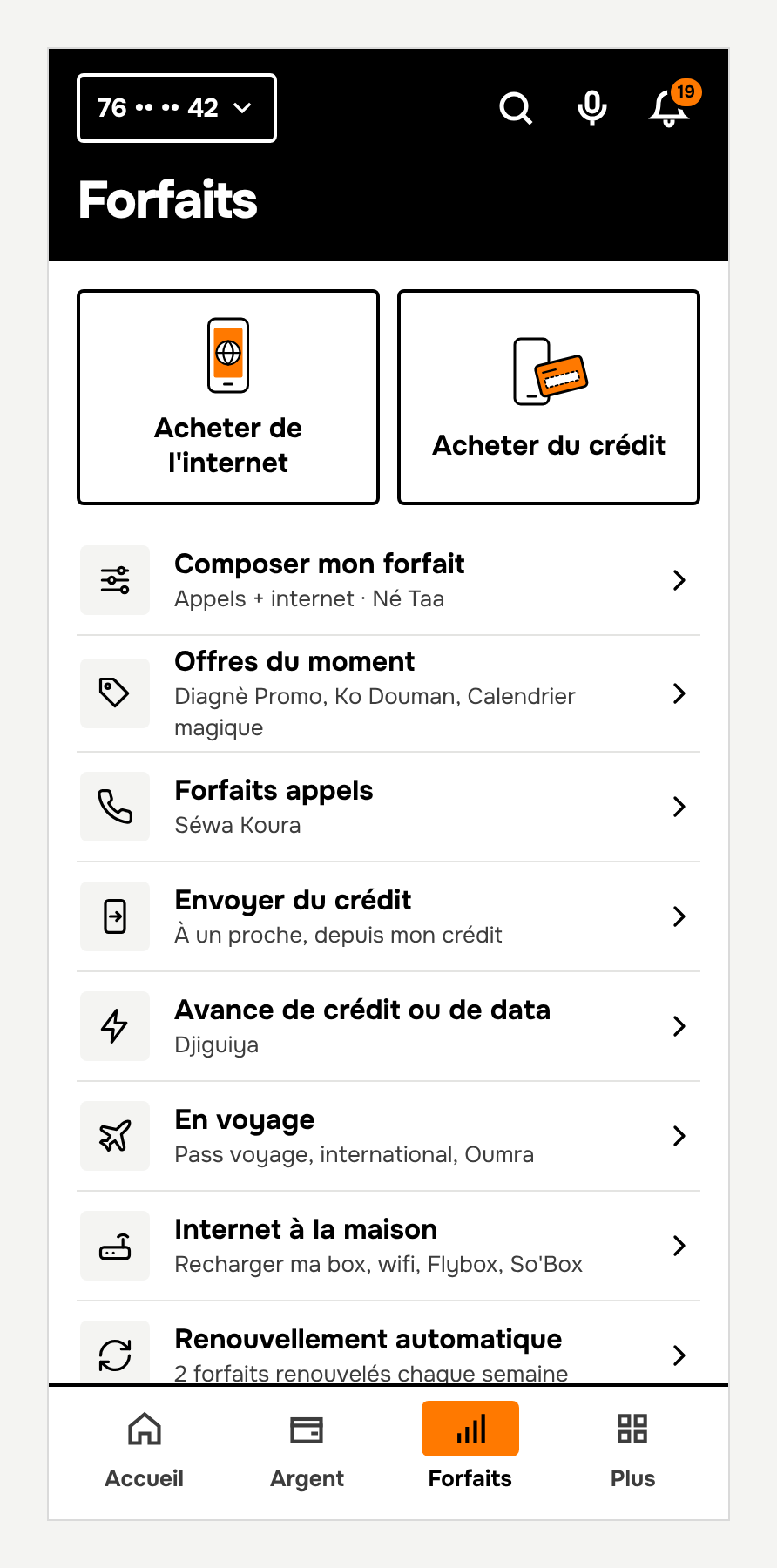 L'onglet Forfaits : chaque ligne nomme une action, avec le nom de l'offre Orange en sous-titre, par exemple « Composer mon forfait » et Né Taa.